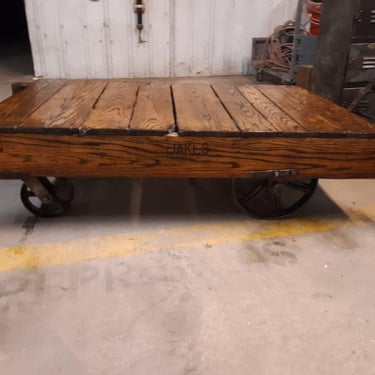 Vintage industrial oak factory cart coffee table 