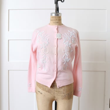 vintage 1960s bubblegum pink sweater • beaded Angora cardigan, new with tags • Mayfield Mall 'The Mandarin Shop' 