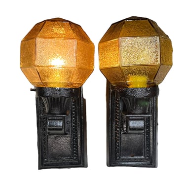 Pair Black Exterior Wall Sconces with Vintage Amber Glass Shades #2441 circa 1910s Outdoor Lighting Porch Light Mission Craftsman Spanish 