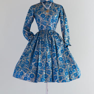 1950's Blue &amp; Gold Rococo Inspired Party Dress From Bullocks / Waist 26