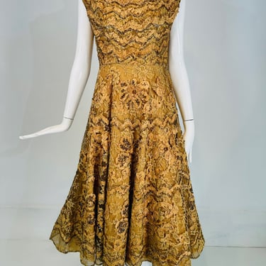 1950s Gold Floral Ribbon Applique on Sequin Tulle Circle Skirt Cocktail Dress