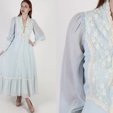 Gunne Sax Baby Blue Maxi Dress / Romantic Renaissance Bridal Collection / Lace Tiered Romantic Corset Dress Size 11 