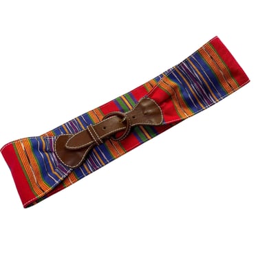 Vintage Liz Claiborne Red Orange Purple Cotton Rainbow Woven Stripe Wide Waist Belt Size Medium 