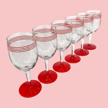 Vintage Wine Glasses Retro 1980s Contemporary + Clear Glass + Red Stripe Design and Base + Set of 6 + Barware + Post Modern Stemware + Bar 