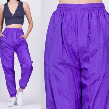 80s Purple Jogger Track Pants - Small to Medium | Vintage Nylon Athletic Loungewear Sweatpants 