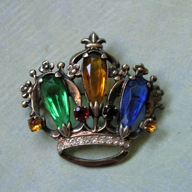 Vintage Sterling 1940's Rhinestone Crown Brooch Pin, Sterling Crown Brooch Pin, Retro Sterling Rhinestone Crown (#3957) 