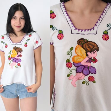 Cross Stitch Fairy Blouse 90s Floral Embroidered Mexican Top Boho Hippie Shirt 1990s Bohemian Vintage Tunic Flower Festival 2xs xxs 