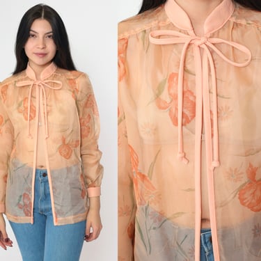 Sheer Floral Jacket 70s Boho Peach Orange Organza Shirt Open Front Tie Neck Bow Blouse 1970s Bohemian Hippie Vintage Romantic Boho Medium 