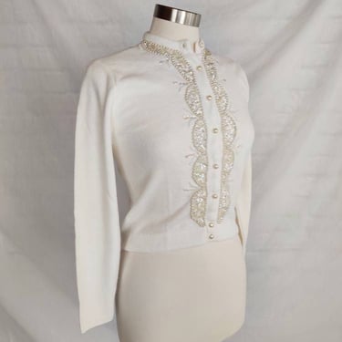 Vintage 60s White Cardigan Sweater // Penrose Cropped Pearl Sequin 