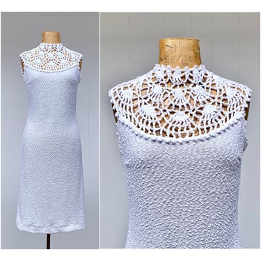 Vintage 1970s White Knit Dress, 70s Sleeveless Acrylic Sheath, Mod Summer Wedding, Small 34" Bust 