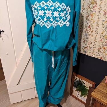 Vintage Retro Teal Christmas Holiday 2 Piece Longsleeve Top and Drawstring Pants Comfy Lounge Set 