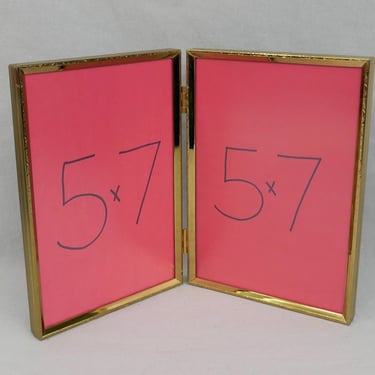 Vintage Hinged Double Picture Frame - Tabletop Gold Tone Metal w/ non-glare Glass - Nice Quality - Holds Two 5