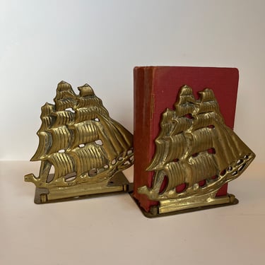 Vintage Ship Bookends Brass Ship Boat Bookend set Nautical Decor 