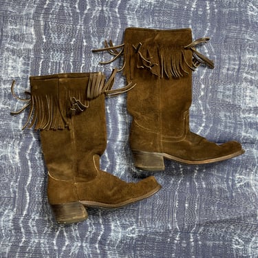 Fantastic 70s Square Toe Pull On Fringed Boots 9M Vintage Westernwear 