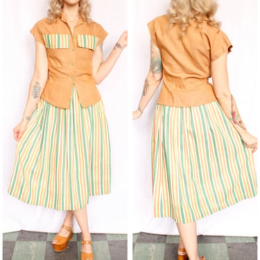 1940s Summer Cotton Blouse & Striped Skirt - Xsmall 
