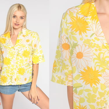 70s Floral Shirt Yellow Button Up Blouse Boho Top Hippie Flower Power Groovy Print Seventies Summer Short Sleeve Retro Vintage 1970s Large L 