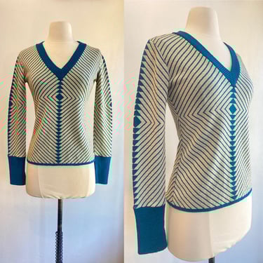 Vintage 70s GRAPHIC SWEATER / Mod Diamond Op Art Knit V-Neck / Teal + Beige / MARBELLA California 