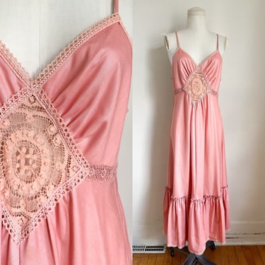 Vintage 1970s Young Edwardian Rose Pink Maxi Dress / M 