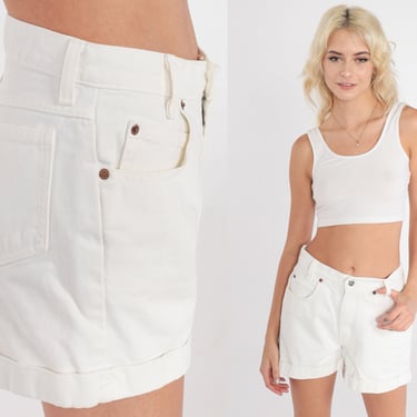 White Denim Shorts 90s Cuffed Jean Shorts Basic Mid Rise Shorts Retro 5 Pocket Minimalist Plain Summer Shorts 1990s Extra Small xs 