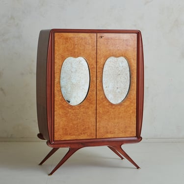 Walnut + Burl Mirrored Bar Cabinet in the Style of Osvaldo Borsani, Italy 1950s
