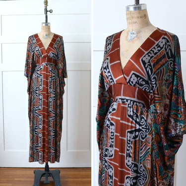 vintage 1970s kaftan dress • caped hippie tiki dress in earthy jewel tones • dramatic caftan 