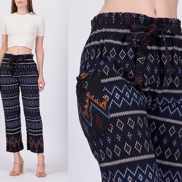 Vintage Geometric Print Hippie Pants - Petite Small | Cotton High Rise Elastic Waist Boho Pants 