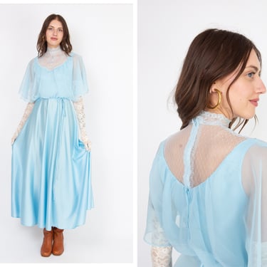 Vintage 1970s 70s Powder Blue Full Length Witchy Gown w/ Mesh Floral High Neckline, Gathered Bodice, Flutter Sleeves 