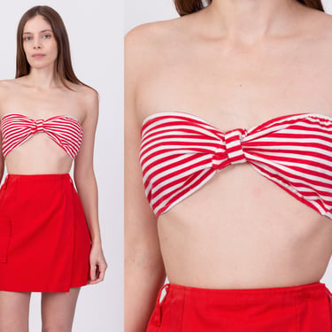 80s Red & White Bandeau Top - Medium | Vintage Strapless Retro Bikini Bralette Crop Top 
