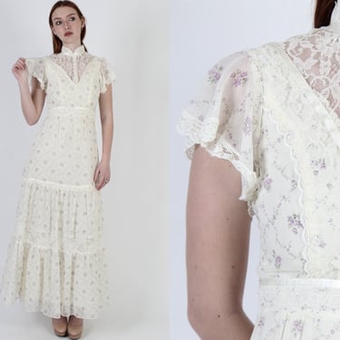 Cream Prairie Wedding Dress / Vintage 70s Sheer Floral Lace Bridal Dress / Simple Lilac Bridesmaids Capelet Tea Outfit 