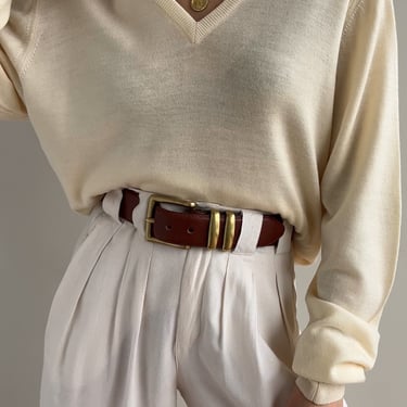Vintage English Ivory Merino Wool V-Neck Sweater
