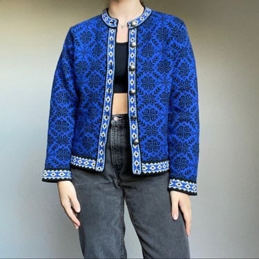 Vintage Women’s LL Bean Blue Black Nordic Scandinavian Wool Cardigan Sweater S 
