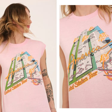 Vintage 1984 80s America United States '84 Tour Bubblegum Pink Vinyl Print Tour Singlet Tank T-Shirt 