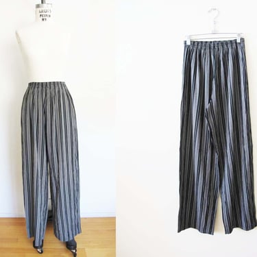 Vintage 90s Striped Elastic Waist Pants XS S - 1990s Black Gray Vertical Stripe Wide Leg Rayon Trousers 
