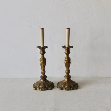 Louis XV Style Brass Candlestick Electric Table Lamps Vintage Mid Century Hollywood Regency -a pair 