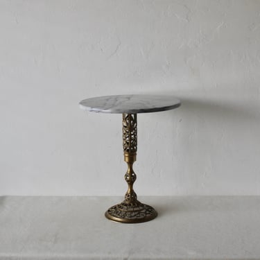 Pierced Reticulated Brass Pedestal Marble Top Drinks Side Table 