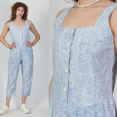 80s Abstract Geometric Print Jumpsuit - Medium | Vintage I. Magnin Blue Button Up Retro Pocket Pantsuit 