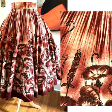 Lovely Vintage 1950's Hand Painted Mexican Circle Skirt with gold Sequins Honky Tonk Swing  Size Medium/ Small 