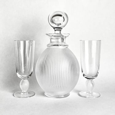 AS IS Vintage Lalique Crystal 3 Piece Langeais Set Decanter & 2 Champagne Flutes 