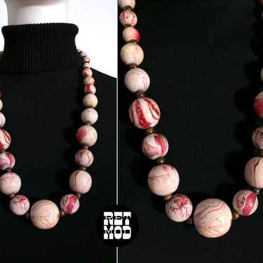 Lovely Vintage 70s 80s Pink Marbled Wood Beaded Statement Necklace 