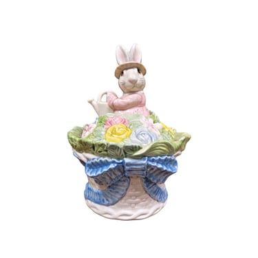 Vintage 1989 Fitz & Floyd Basket Bowl Bunny Rabbit Watering On Top Candy Dish 8