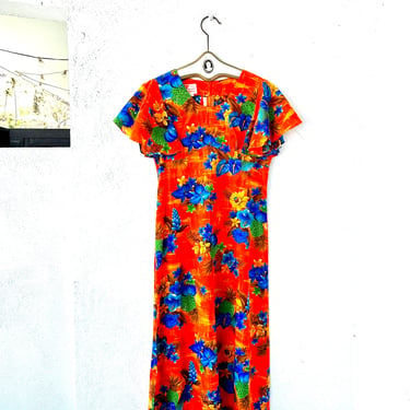 Vintage 60s 70s Bright Hawaiian Dress Sears Neon Orange Floral Hawaii Muumuu 