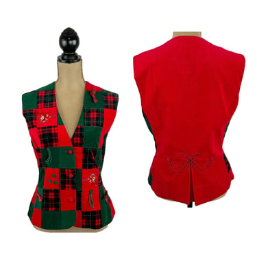 80s Christmas Vest Medium, Embroidered Embellished Green Corduroy + Red Plaid Patchwork Waistcoat, 1980s Clothes Women Vintage SUSAN BRISTOL 