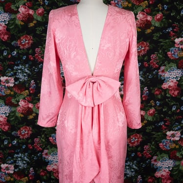Vintage 80s Show Stopper! Backless Pink 100% Silk Floral Patterned Dress with Statement Bow 