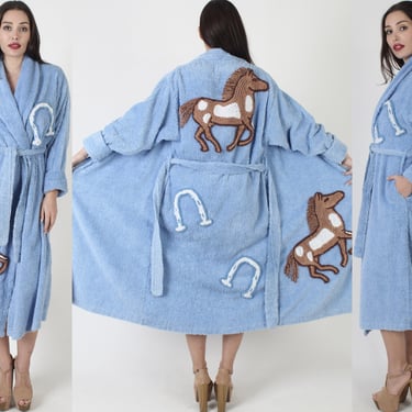 Canyon Group By Damze Horse Print Robe, Chenille Made In USA Nightgown, Belted Horseshoe Graphic With Pockets Size M 