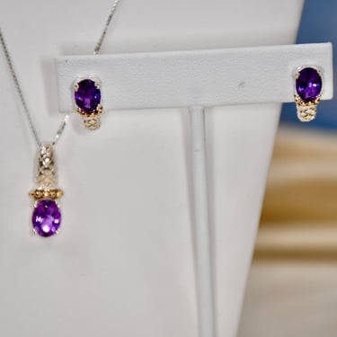 Vintage Amethyst Pendant Necklace with Matching Earrings Signed Clyde Duneier 14K Solid Yellow Gold & 925 Sterling Silver Birthday Gift Her 
