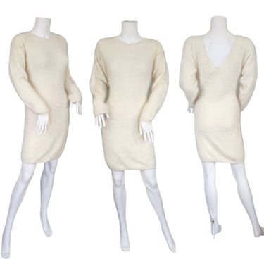 1980's Off White Fuzzy Angora Sweater Dress I Sz Med I Nordstrom I Brass Plum 
