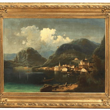 Painting, Hallstatt, Austria, Johann Wilhelm Jankowsky, Lakeside Village, 1800's