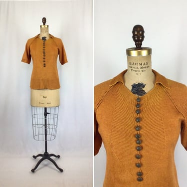Vintage 40s sweater | Vintage pumpkin spice knit sweater | 1940s polo style knitwear sweater 