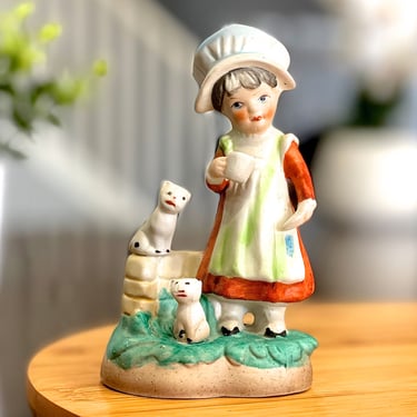 VINTAGE: Hand Painted Bisque Porcelain Figurine - Girl with Cats - Drinking Tea - Love Cats - SKU 34-D-00035355 