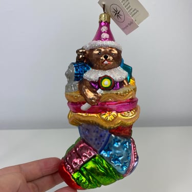 Christopher Radko Glass Christmas Ornament Patchwork Wonders Bear Stocking Train, Stocking Ornament, Christmas Bear Ornament, 7